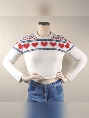 Brandy Melville Heart Knit Sweater Cream Red Cropped Fair Isle